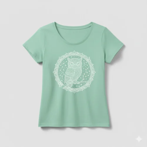 Camiseta manga corta color verde pastel con dibujo de buho