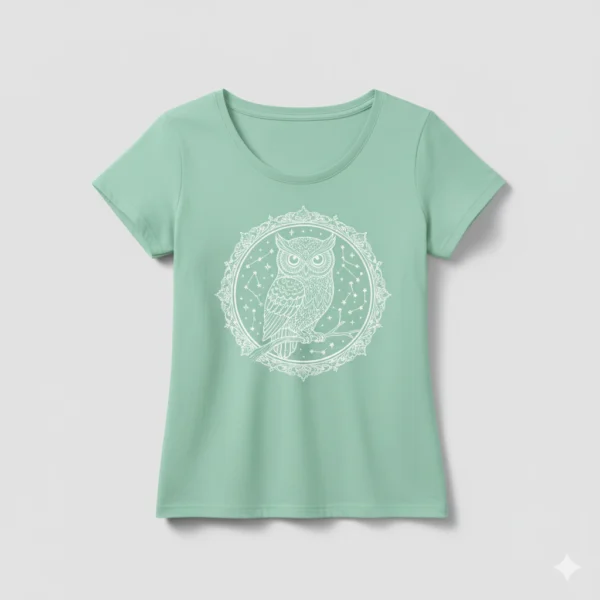 Camiseta verde manga corta dibujo Camiseta manga corta color verde pastel con dibujo de buho