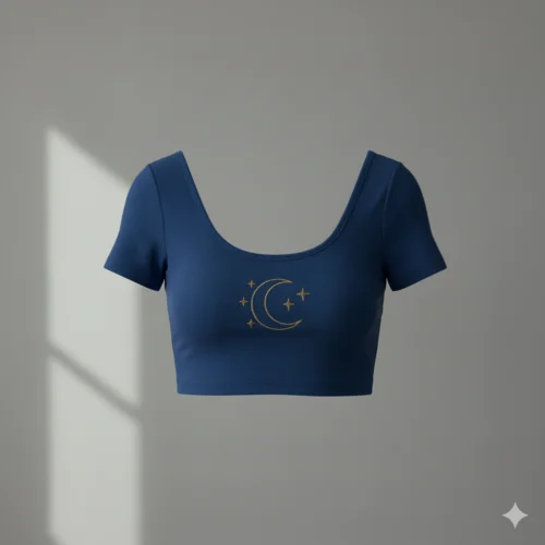 Top azul manga corta estilo crop con el dibujo de una luna en el centro