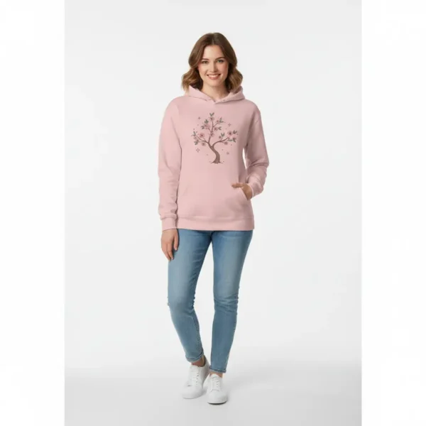 Sudadera rosa con capucha de manga larga Sudadera de manga larga con capucha de invierno con dibujo de árbol llevando un cordón al cuello para mayor ajuste