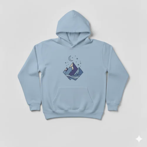 Sudadera azul con dibujo de montañas con capucha incluida y cordones para mayor ajuste