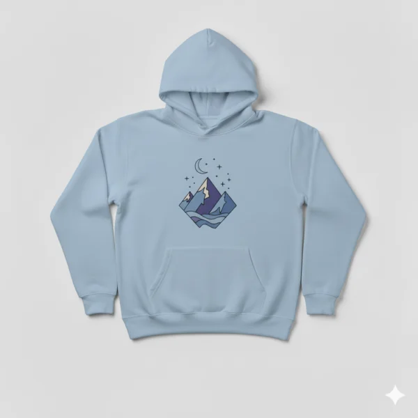 Sudadera azul dibujo capucha Sudadera azul con dibujo de montañas con capucha incluida y cordones para mayor ajuste