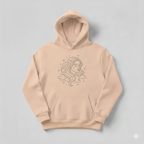 Sudadera con capucha de manga larga color naranja con dibujo de una mujer y con cordones en el cuello para un mayor ajuste