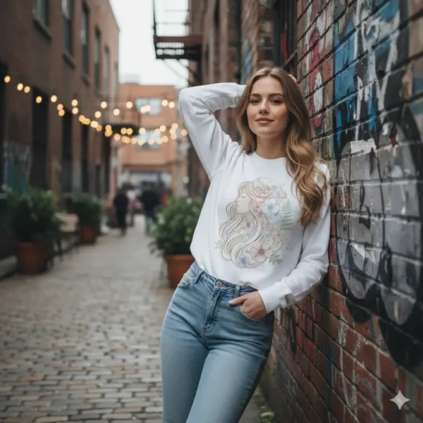 Sudadera blanca sin capucha con dibujo de mujer Sudadera sin capucha blanca con dibujos en el centro de una chica en tonos rosas y azules