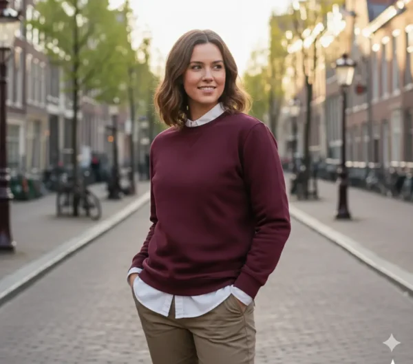 Modelo con la sudadera granate y camiseta de cuello debajo