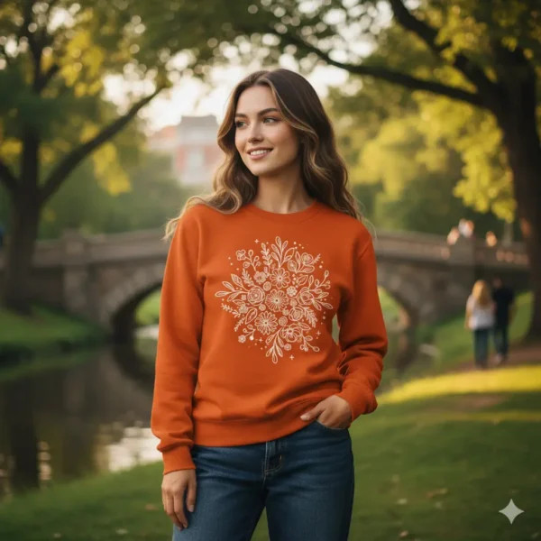 Sudadera naranja dibujo Sudadera naranja sin capucha con dibujo de mandala y cuello redondo