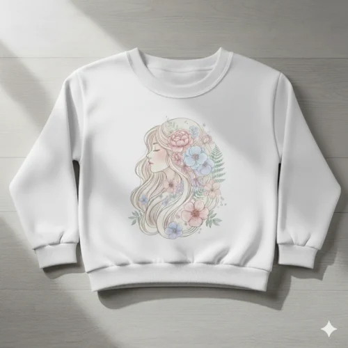 Sudadera sin capucha blanca con dibujo de una mujer en tonos azules y rosas