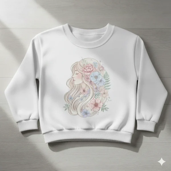 Sudadera blanca dibujo Sudadera sin capucha blanca con dibujo de una mujer en tonos azules y rosas