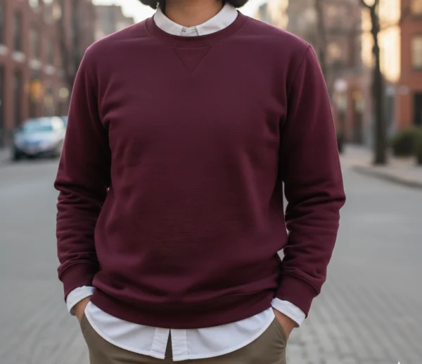 Sudadera granate con camisa de cuello azul debajo