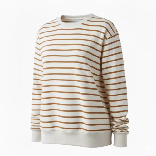 Sudadera blanca con rayas marrones delgadas de cuello redondo y sin capucha