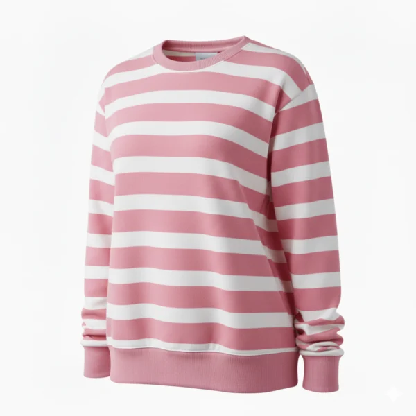 Sudadera blanca con rayas rosas horizontales de cuello redondo y sin capucha